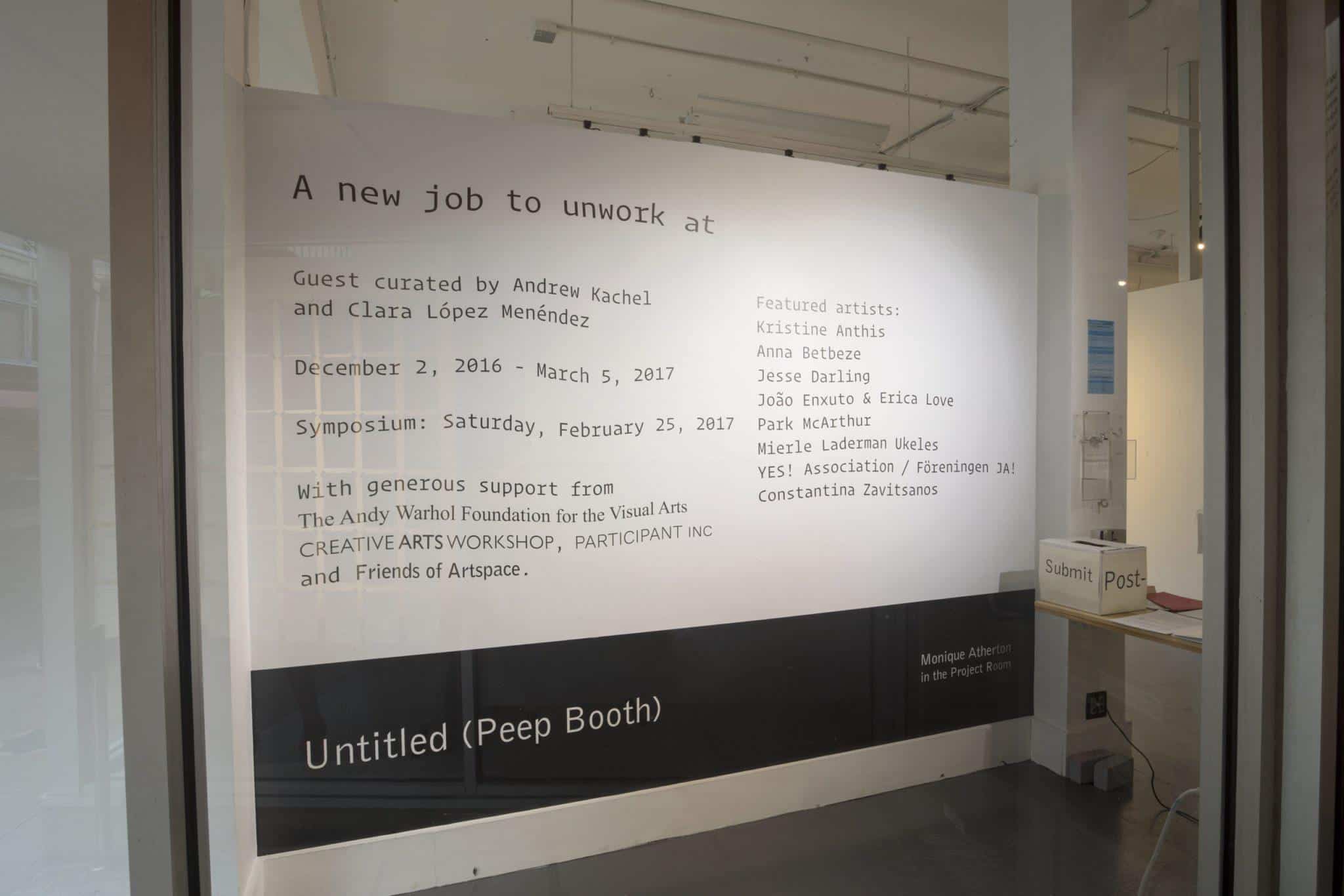 Installation image of "A new job to unwork at"; Jessica Smolinski.