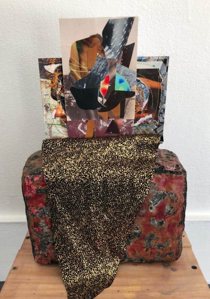 Anahita Vossoughi, Golden Tounge, 2018. Wood, Wax, Photo Collage, Thread, Spray Paint, 14x9x5 inches.
