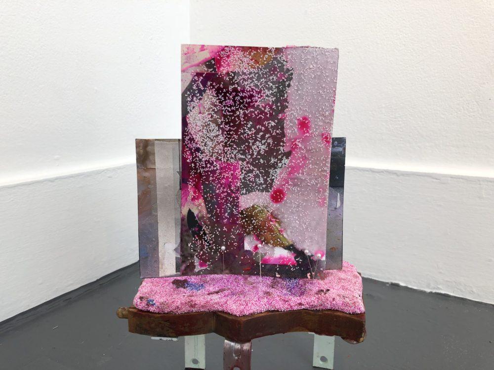 Anahita Vossoughi, Pin Chew Sprinkle, 2018. Wood, Clay, Photo Collage, Spray Paint, Ink, Glitter, 14x8x5 inches.