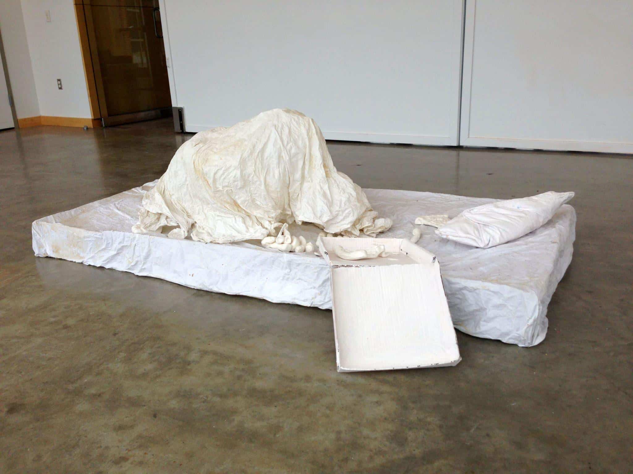 Eben Kling, Chicken and Cheese, 2015. Cardboard, bed sheet, corn starch, crayola model magic, Dimensions variable.