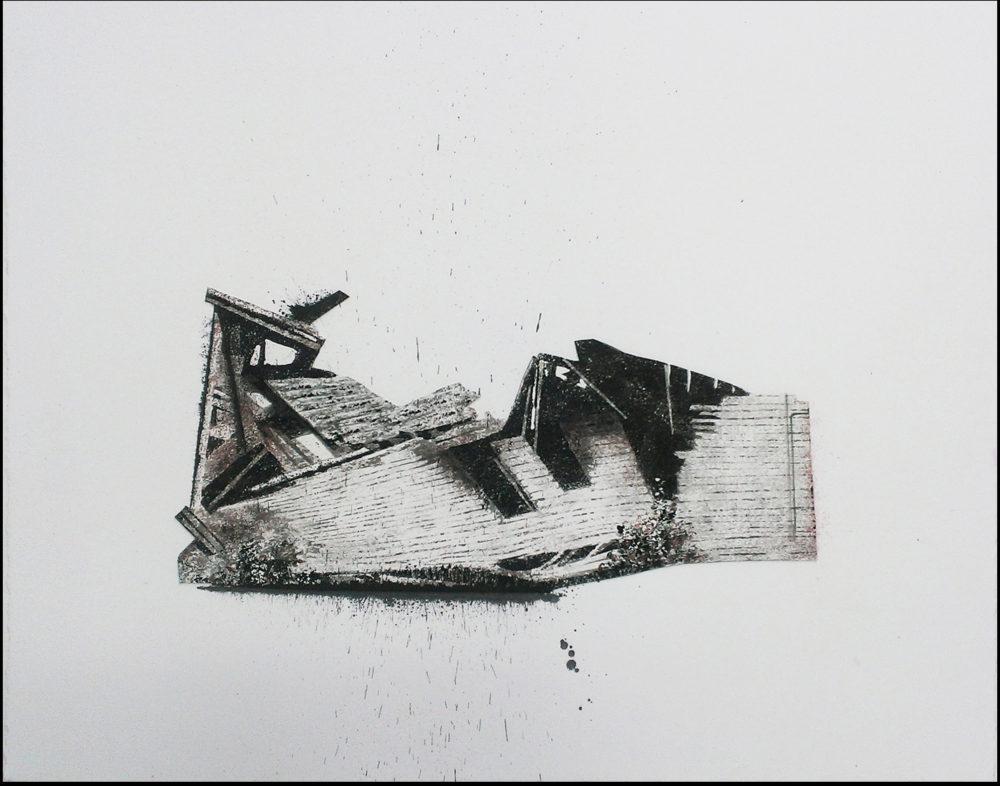 Margi Weir, Frontline/Detroit: Folded, 2018. Sumi ink, india ink, and tusche on rag paper, 28.5" x 22.5".