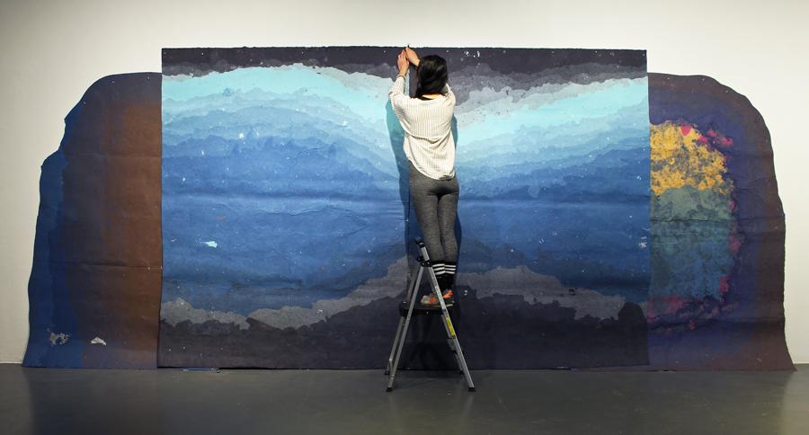 Hong Hong installs Ladle for Beasts Lapping Water at a Moon-Shaped Pool during her Flatfile Residency at Artspace New Haven, New Haven, CT. March, 2020.