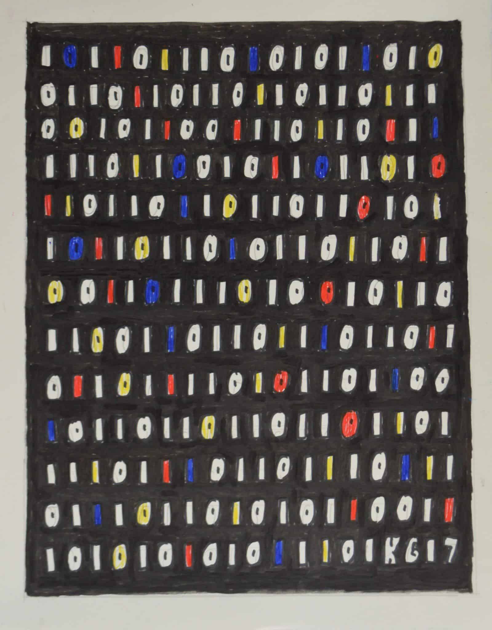 Ken Grimes, Binary Messages #4, 2017. Marker on paper, 11" x 17".