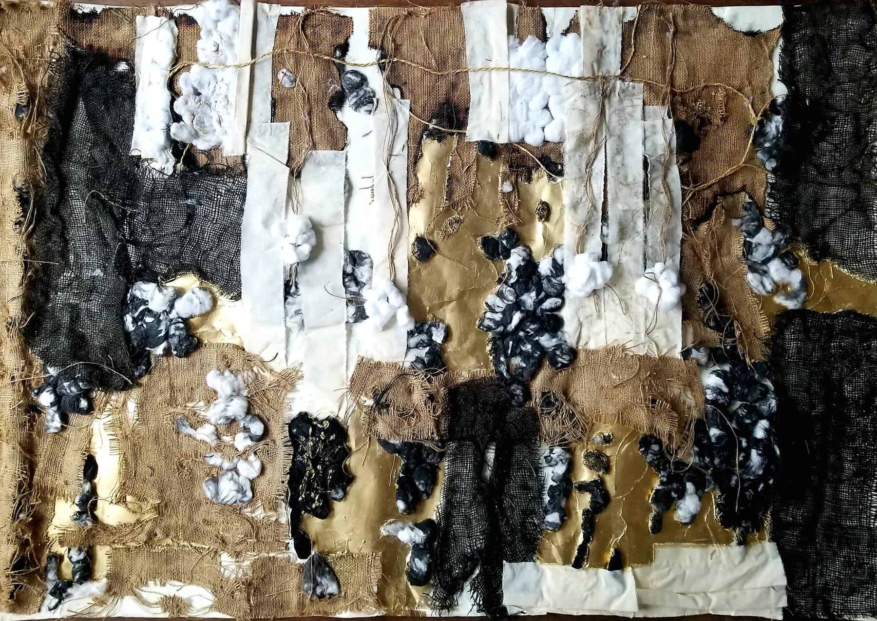 Kimberly Becoat, Work Song (High Cotton Series), 2018. Burned burlap, cotton, muslin, sumi ink, gold leaf, acrylic, collaged imagery on paper, 36’’ x 52’’.