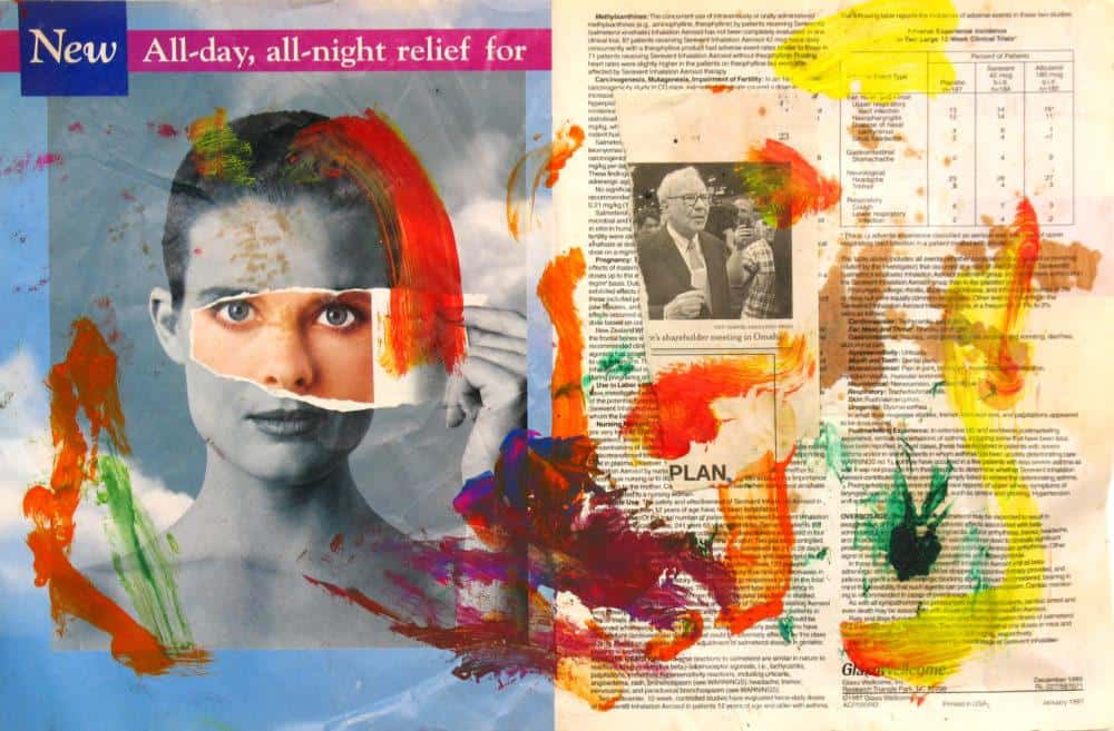 Jeff Ostergren, New All-day, all night relief for, 2018. Gouache, acrylic, oil paint, pigments, Mio water enhancer, silicone lubricant, on newspaper and magazine page collage, 15 3/4" x 10 1/2".